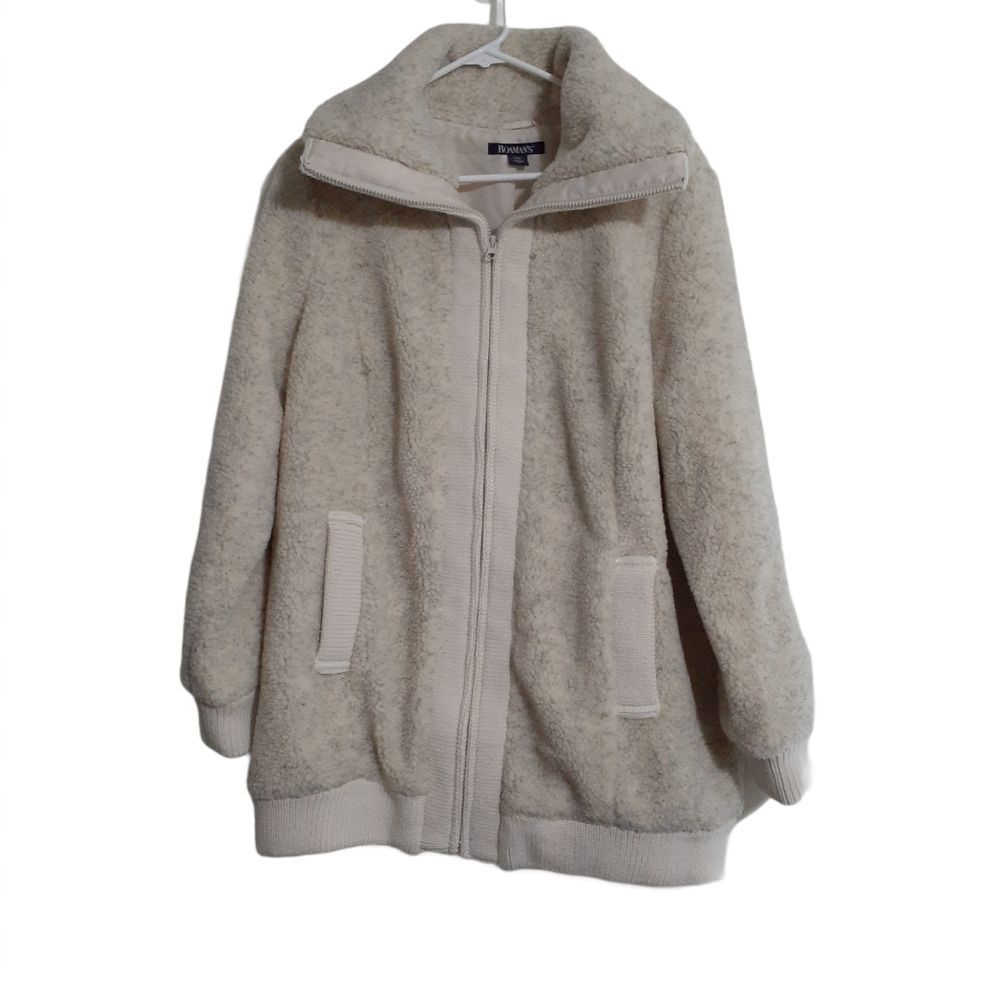 Roaman's Textured Sherpa Zip Up Oversized Bomber Jacket Cream 14/16 NWOT